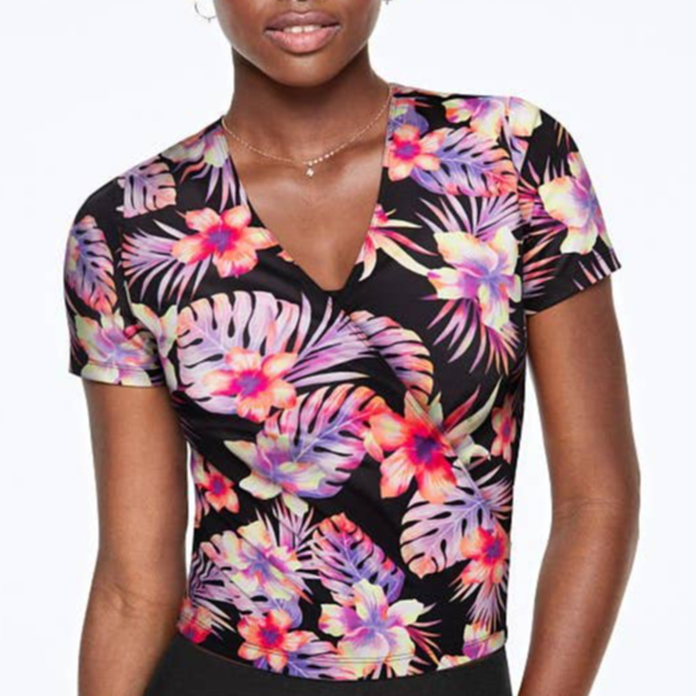 45. XS PINK Victoria's Secret Ultimate Hawaiian Floral Wrap Top Tee Blouse C